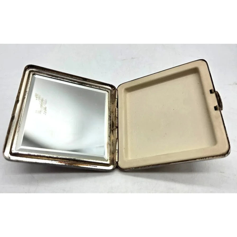 Vintage Silver Makeup Mirror Compact Vanity Travel Collectible 1950s-1979 US